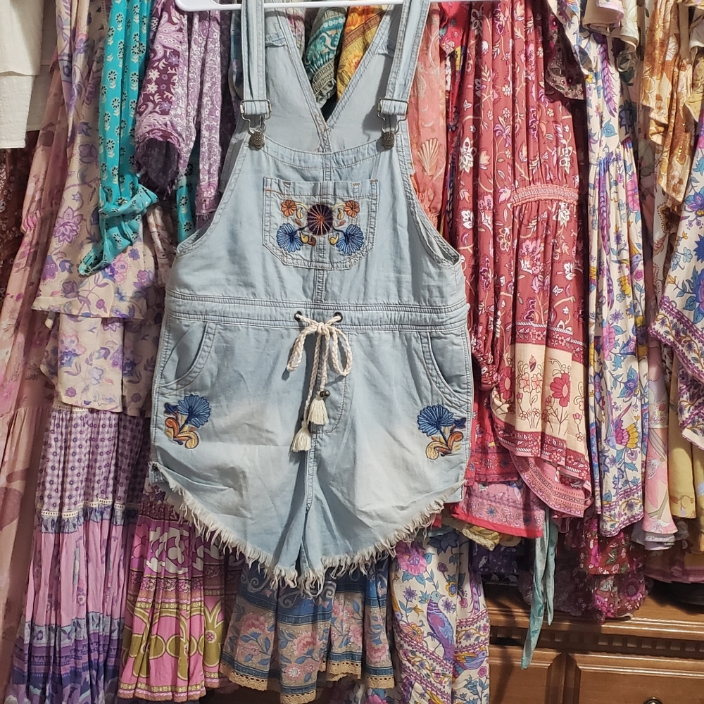 Spell Light Blue Embroidered Denim Romper Overalls